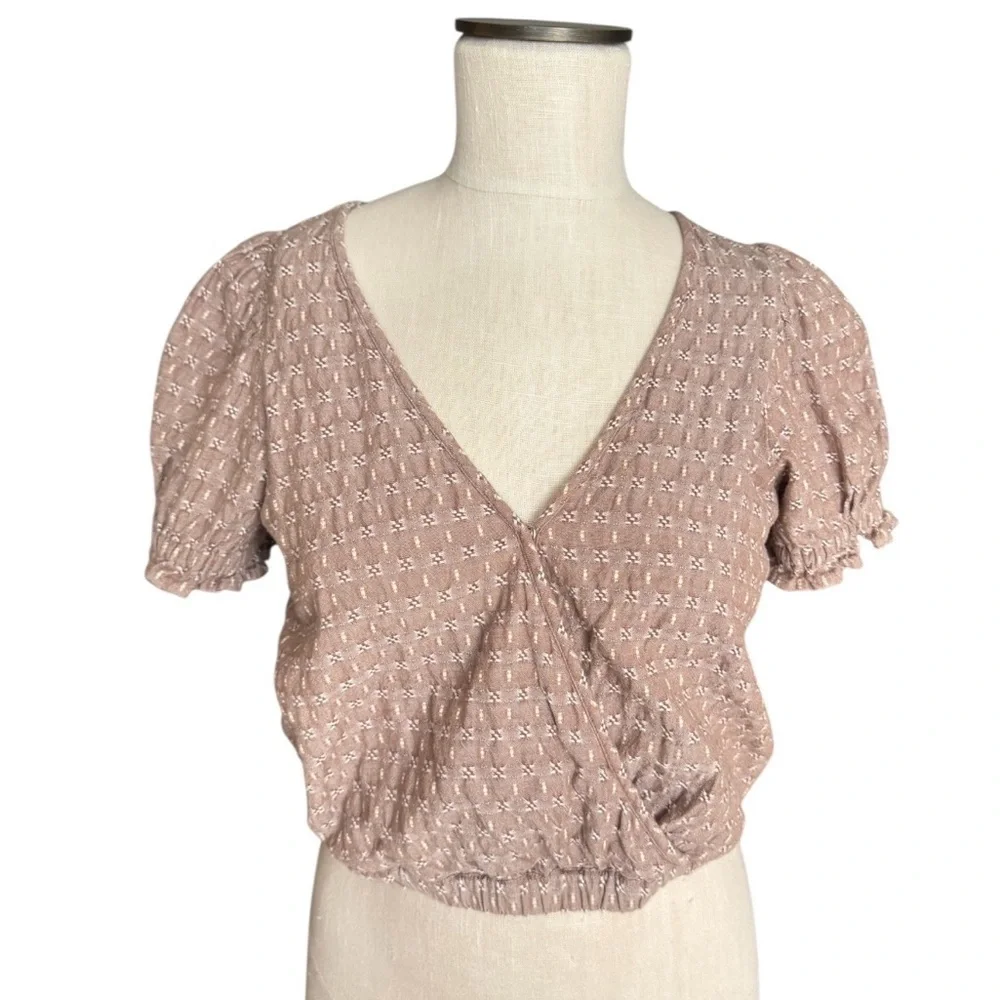 Madewell  Jacquard Puff Sleeve Faux-Wrap Cropped Cotton Embroidered Top Sz XS